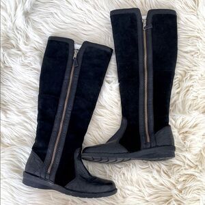 Clarks Black Knee-High Leather & Suede Boots Full Length Zipper Closer Boho | 7